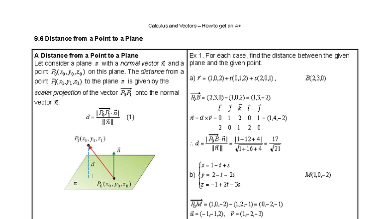 Calculus and Vectors 7.8 Handout 3: Distance from a Point to a Plane ...