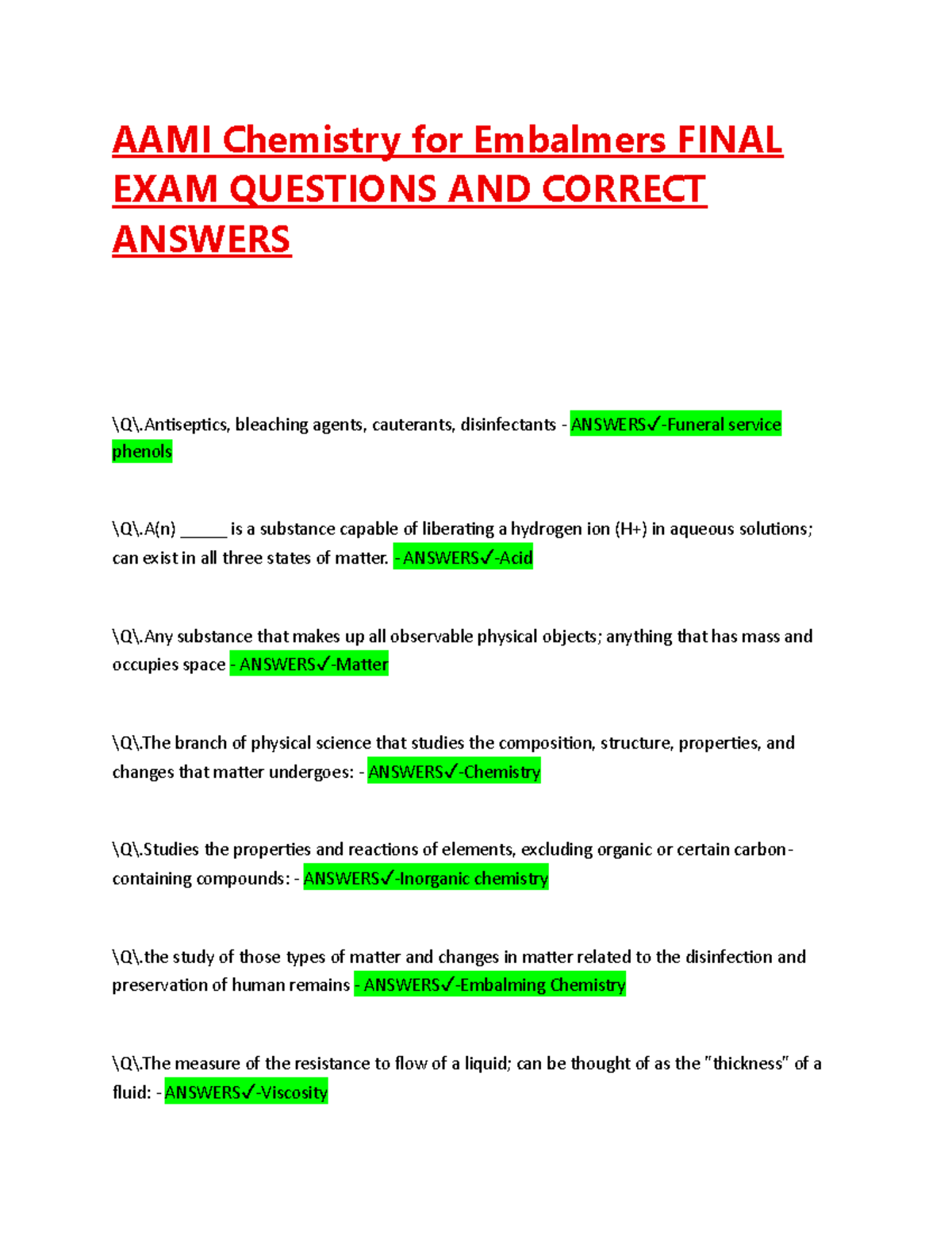 AAMI Chemistry for Embalmers FINAL EXAM Q&A Guide - Studocu