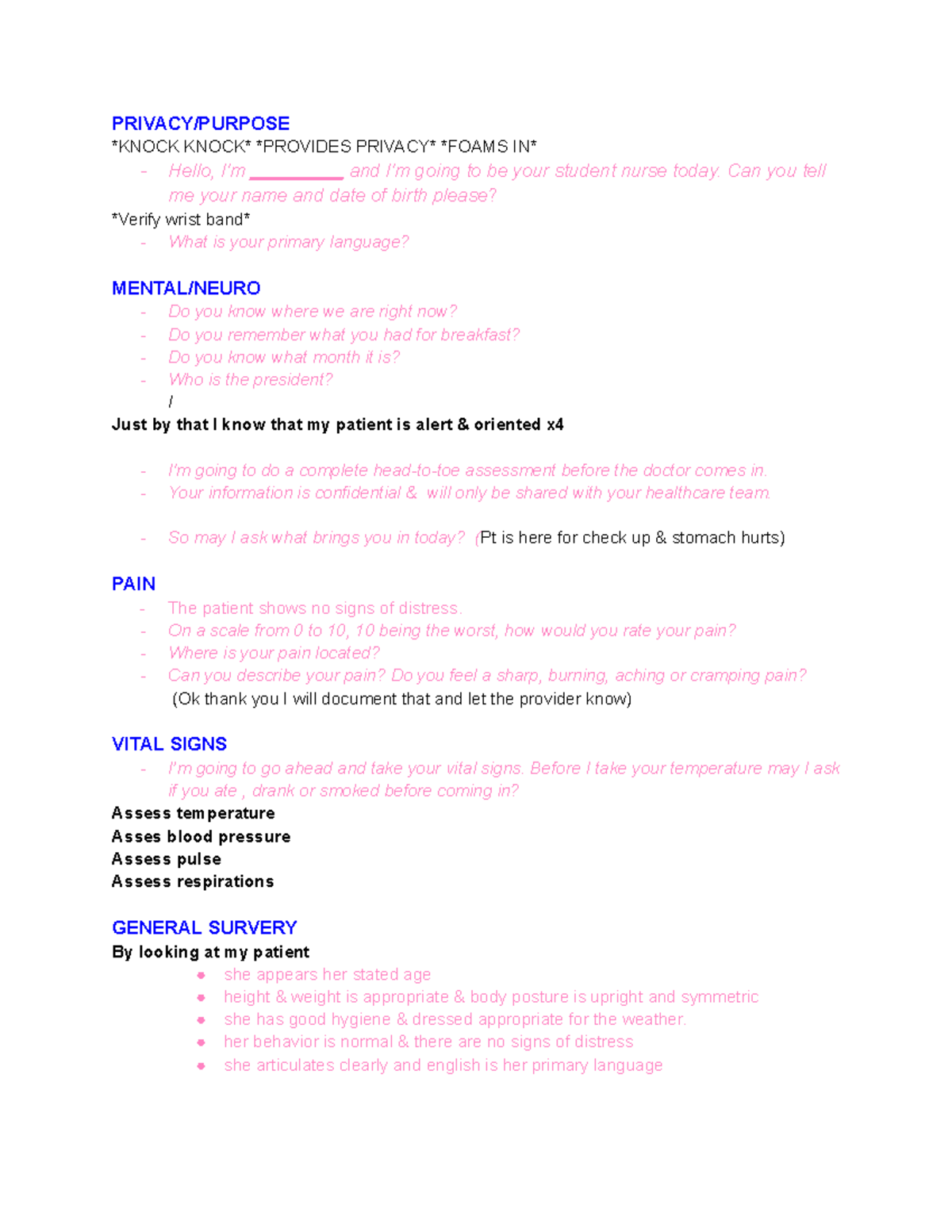 Head to Toe Assessment Validation - Nursing Practice Document - Studocu
