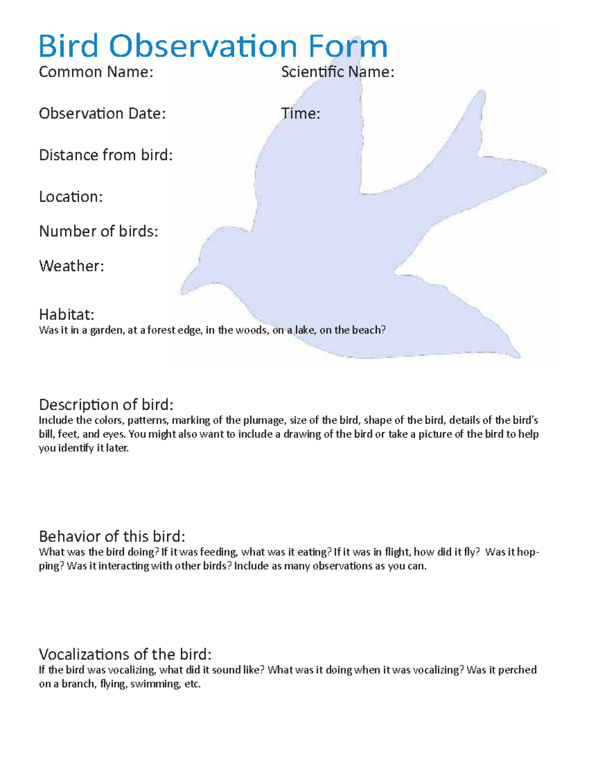 Birds - For you - Common Name: Scientific Name: Observation Date: Time ...