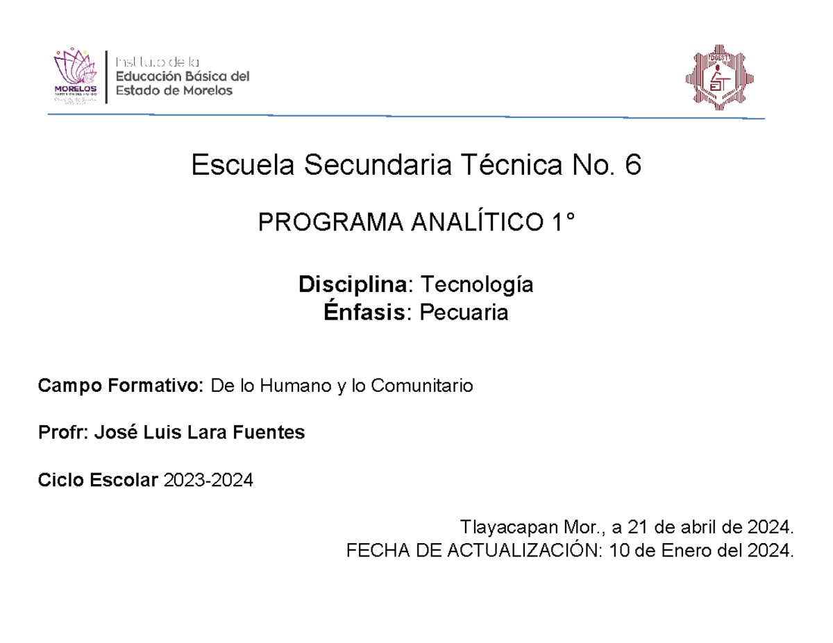 Programa Analítico 1° Grado: Tecnología en Pecuaria - José Luis Lara - Document Preview