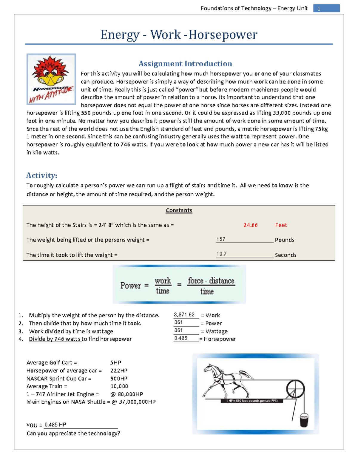 Horsepower Calculation Activity - Foundations of Technology Unit 1 ...