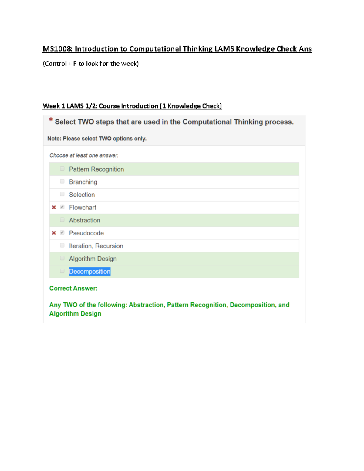 MA1008 - Intro to Comp Thinking LAMS Knowledge Check Answers - Studocu