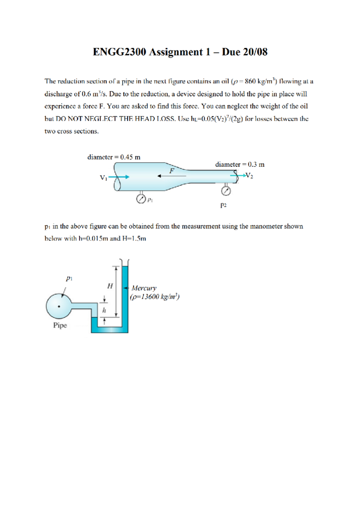 Fluid Mechanics Assignment 1 - Engg2300 Insights and Solutions - Studocu