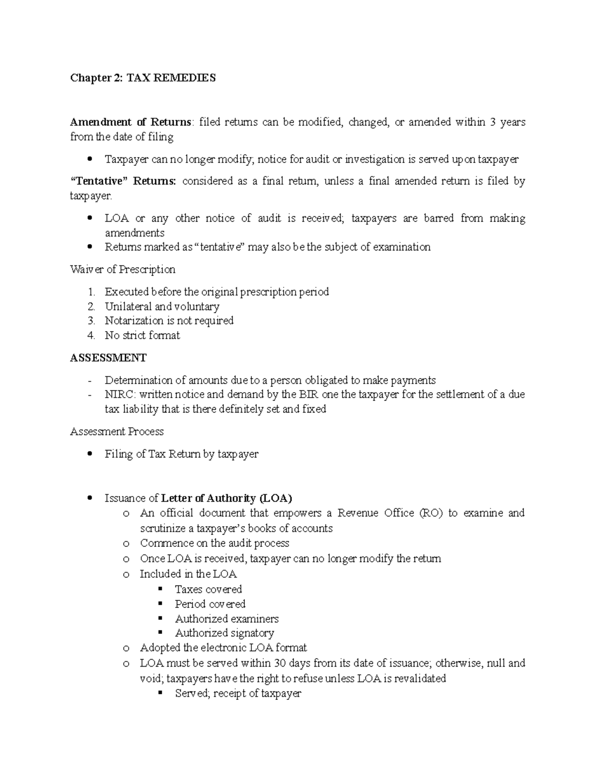 Chapter 2 - Tax Remedies Overview & Key Assessment Processes - Studocu