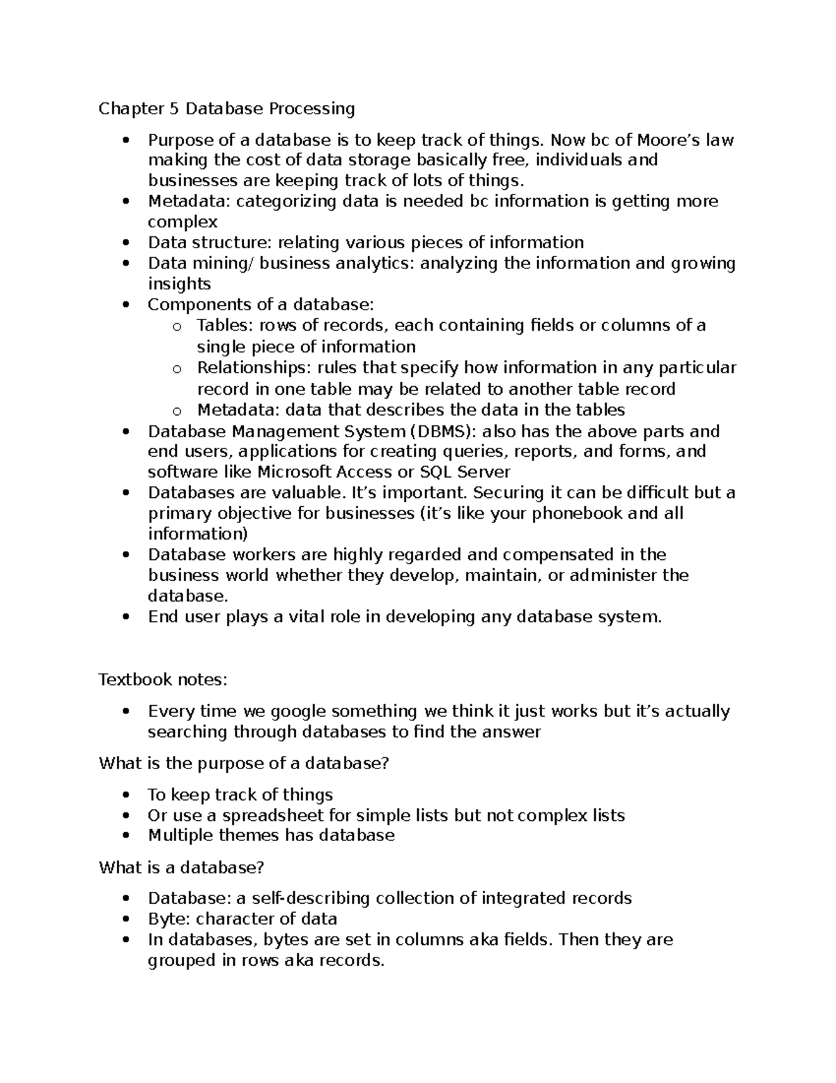 Chapter 5 - Database Processing - Mgt 472 Final Exam Notes - Studocu