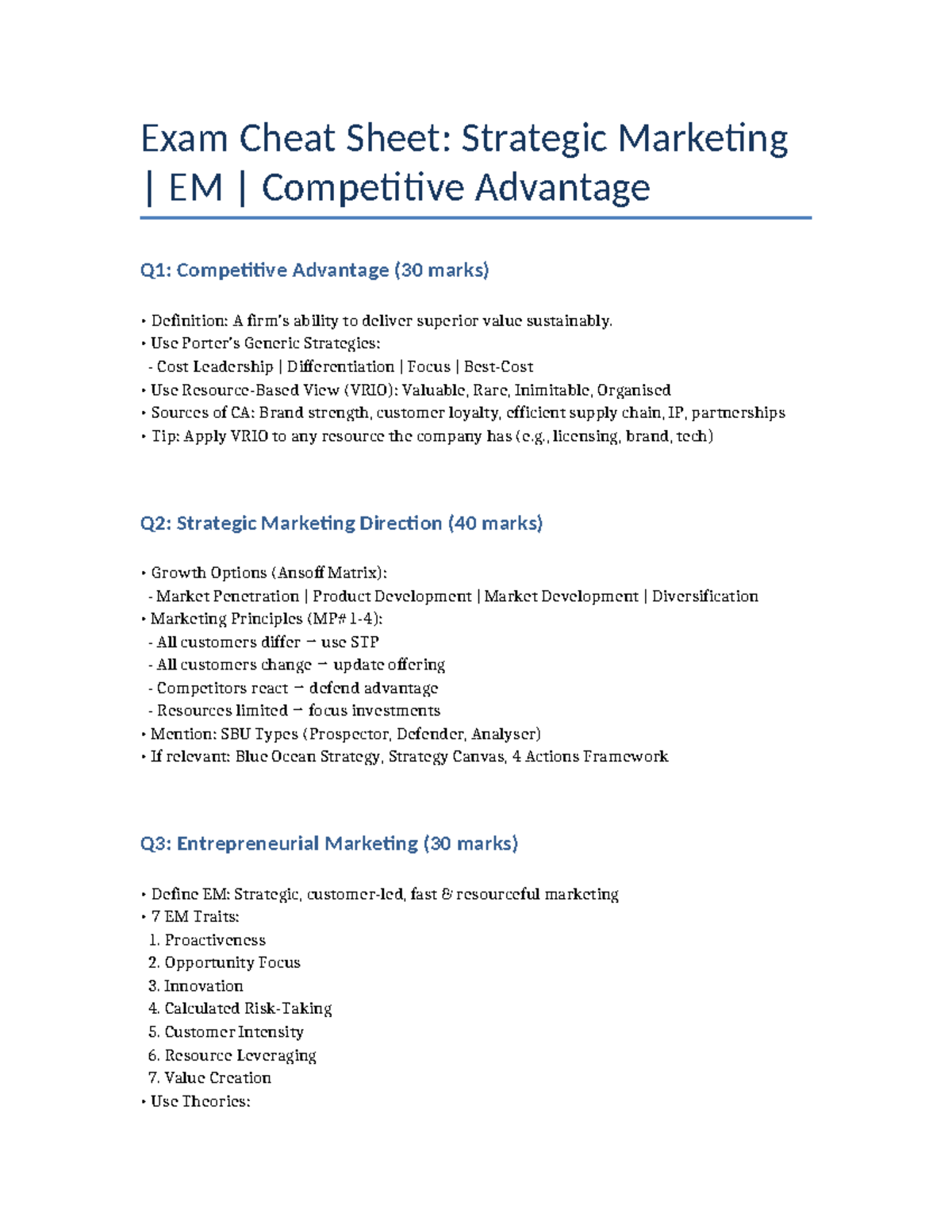 Strategic Marketing Exam Cheat Sheet: EM Competitive Advantage & More ...
