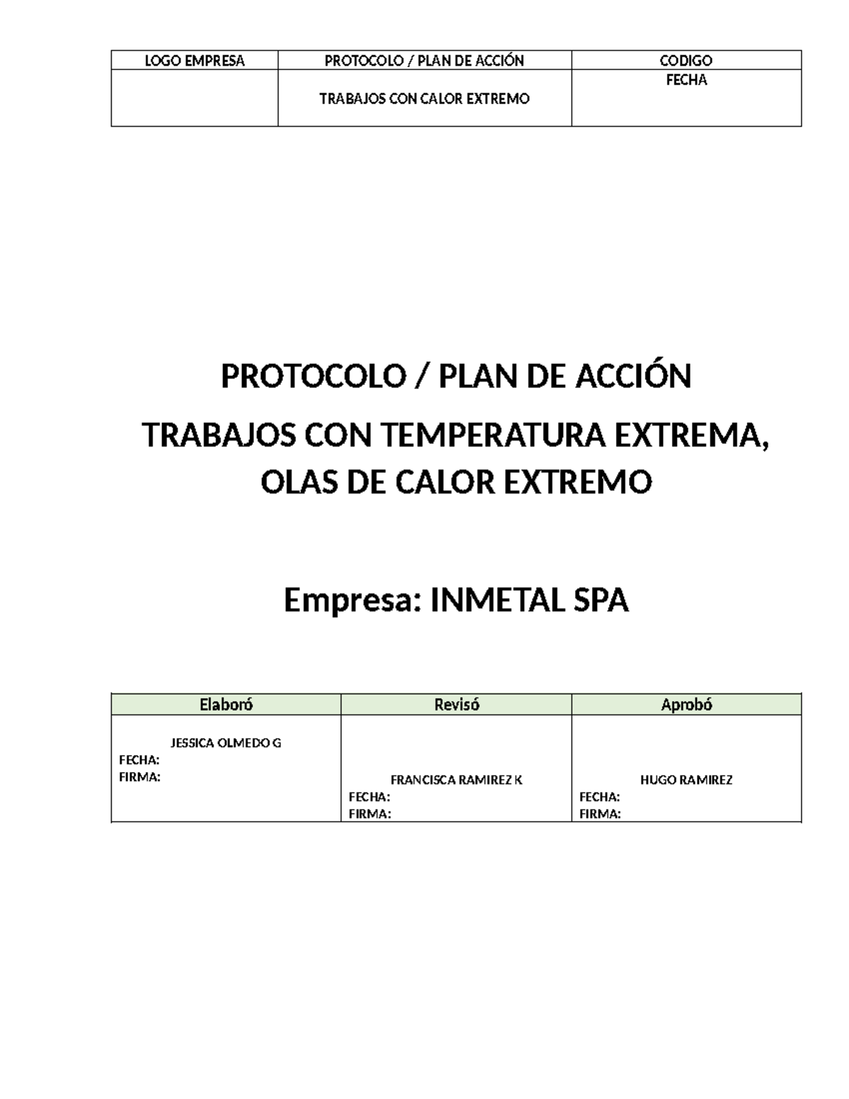 Protocolo PLAN DE Acción para Trabajos en Calor Extremo - INMETAL SPA - Document Preview