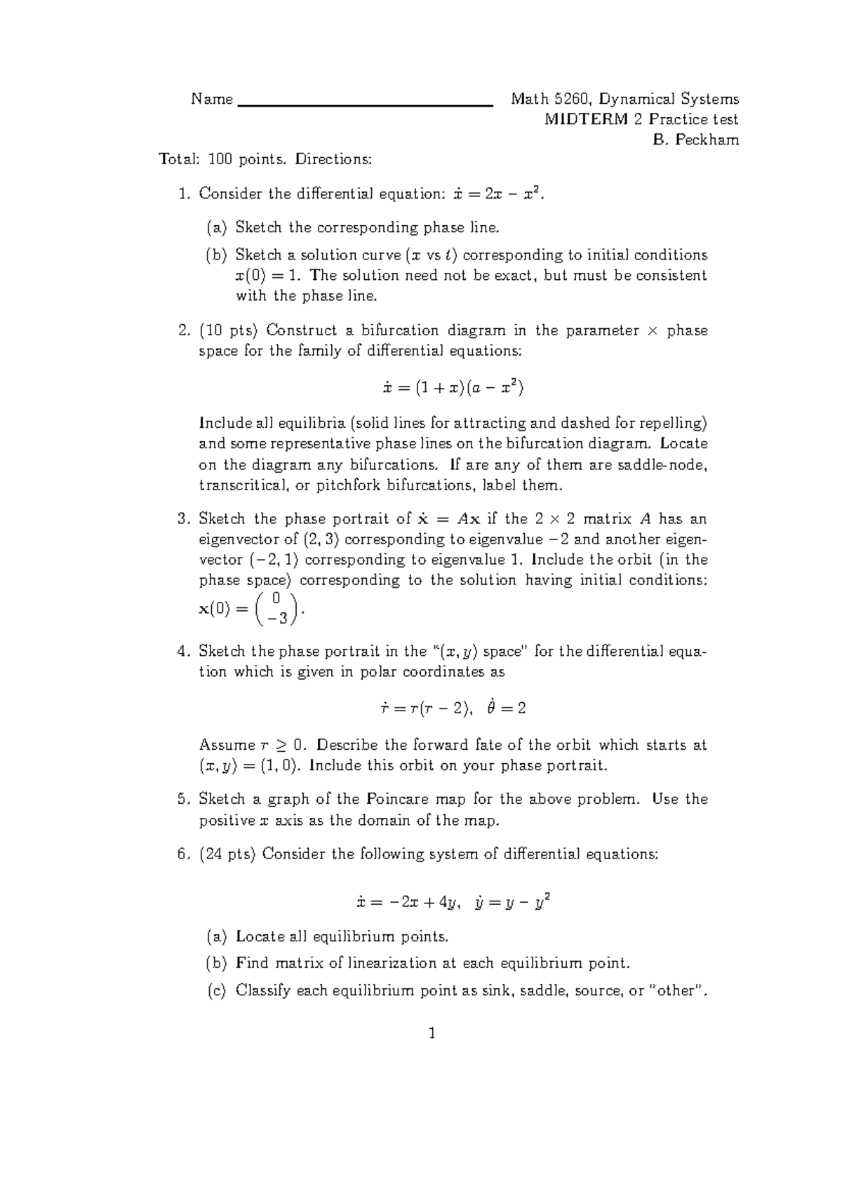 Midterm 2F09practice - I need to practise - Name Math 5260, Dynamical ...