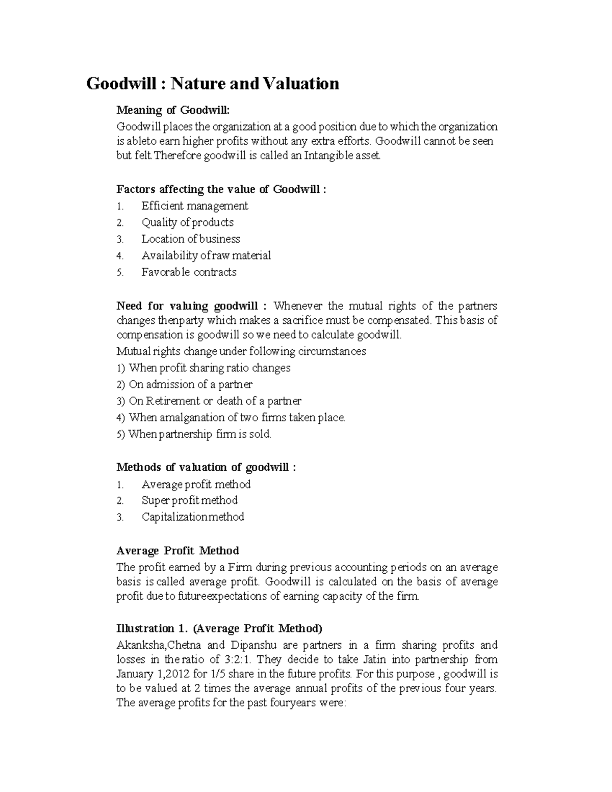 Goodwill - Summary Notes with practicals - Goodwill : Nature and ...