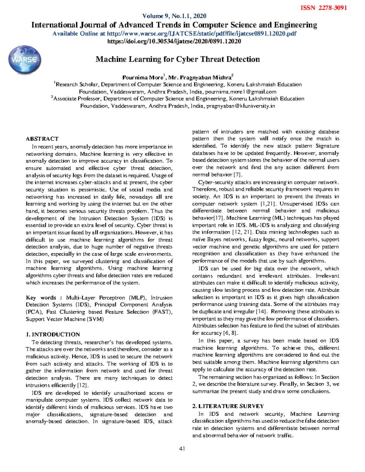 Machine Learning Approaches for Cyber Threat Detection - CSE-2020 - Studocu