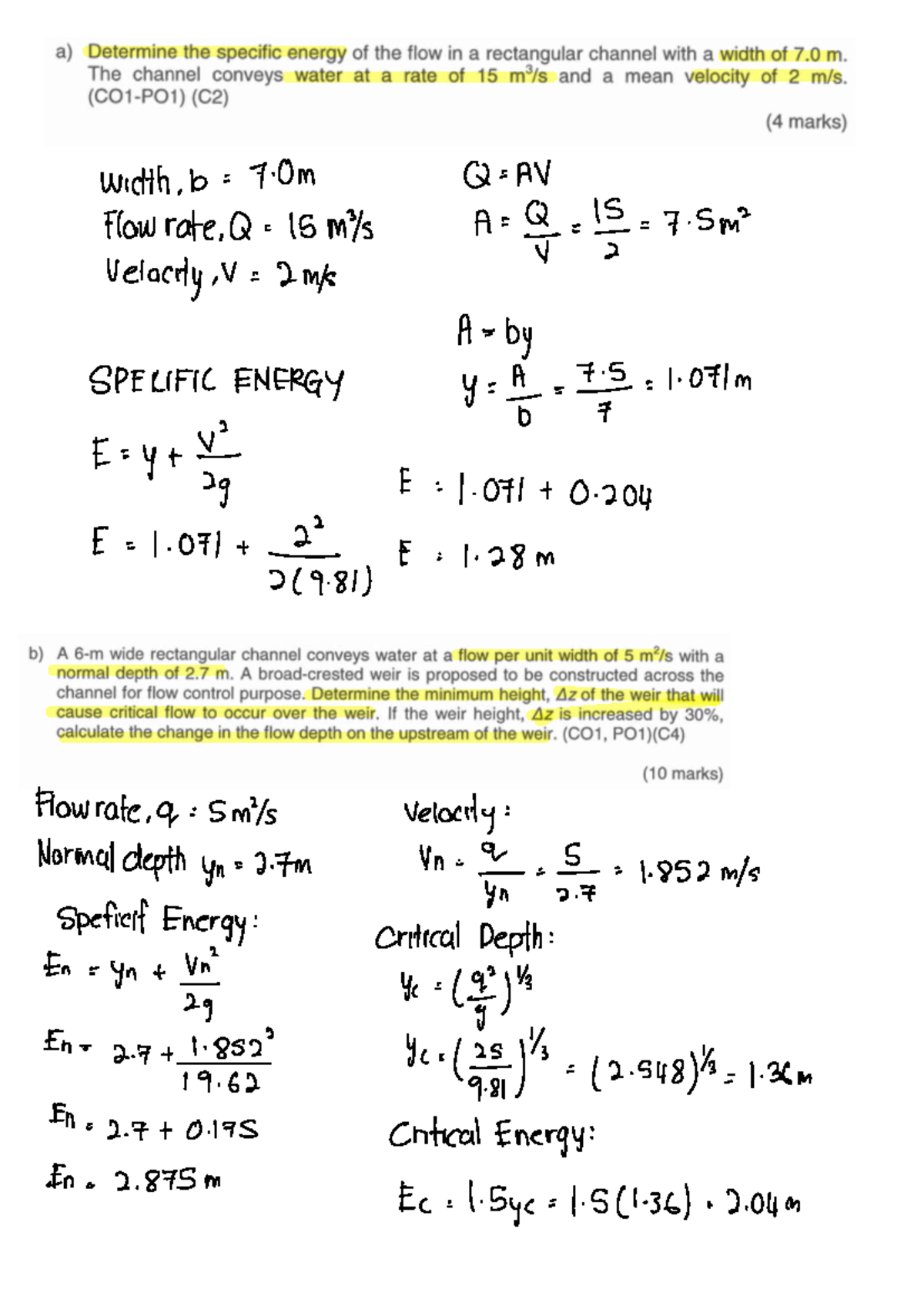 Fluid Mechanics: Flow Rate and Specific Energy Analysis - Studocu