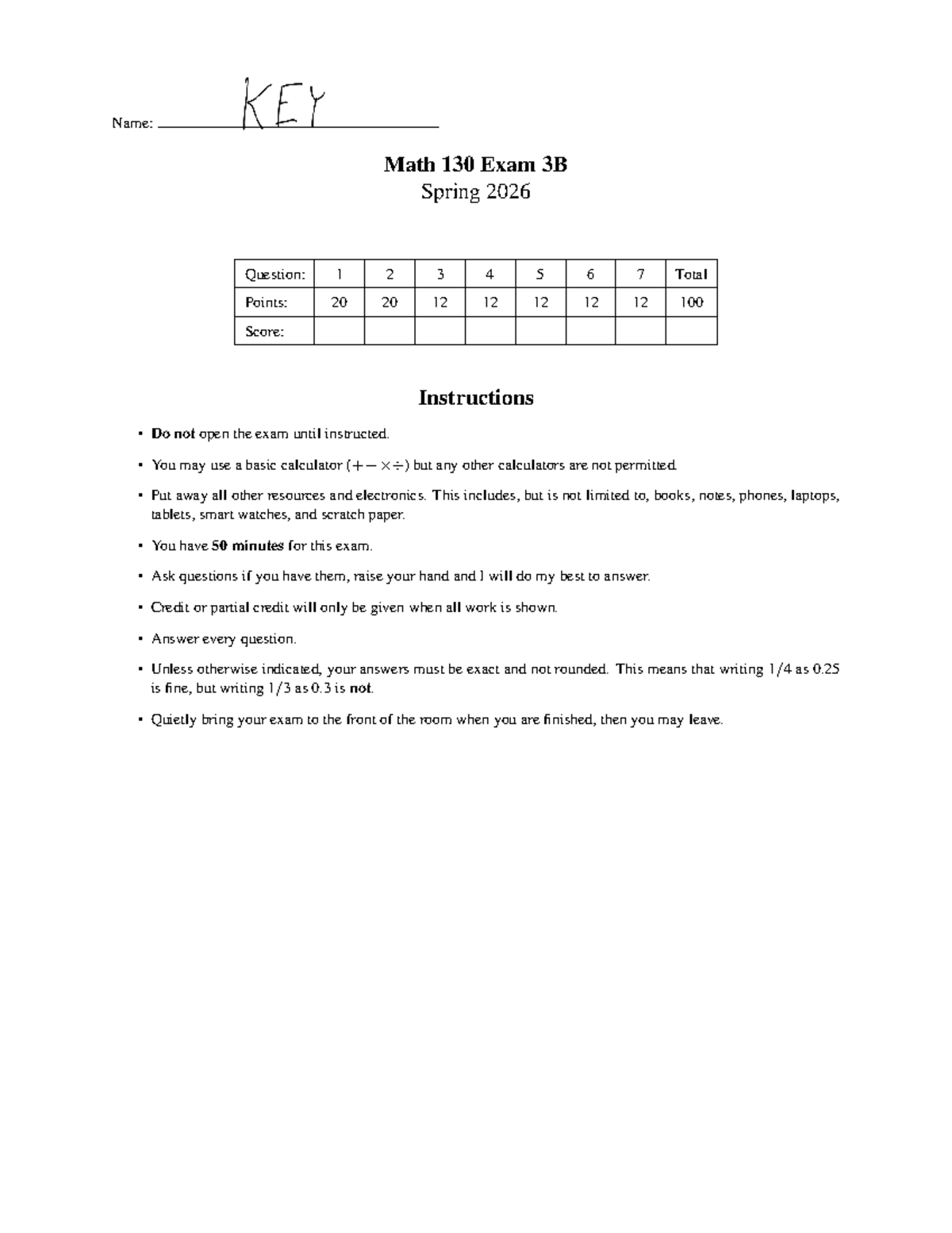 Math 130 Exam 3B Spring 2026 - Studocu