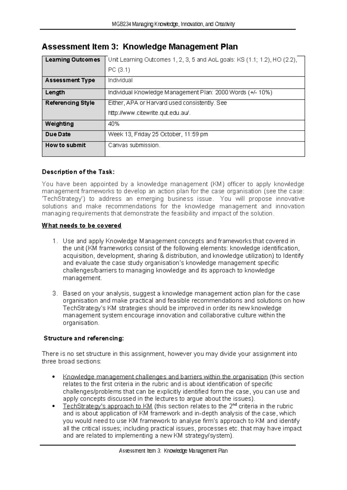 MGB234 A3 TASK - MGB234 Managing Knowledge, Innovation, and Creativity ...