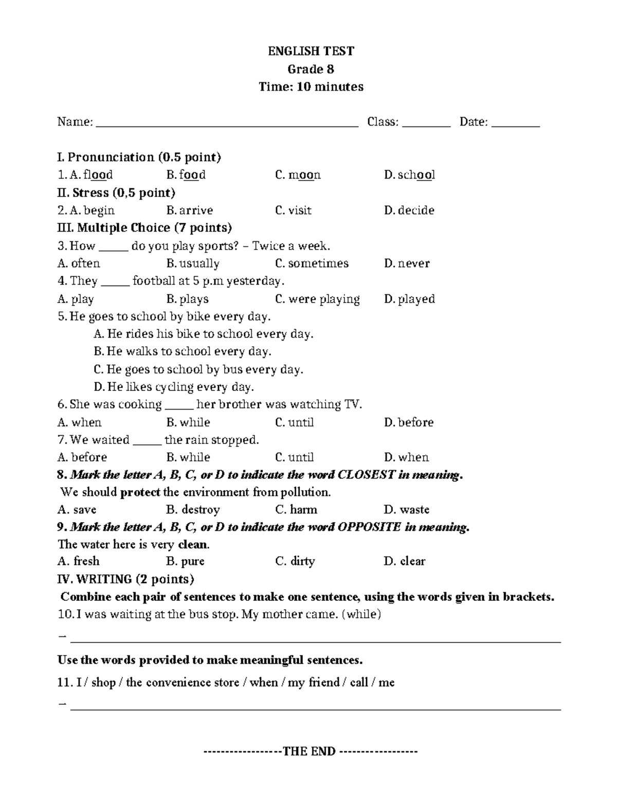 15-Minute ENGLISH TEST Grade 8 - GK2 - Studocu