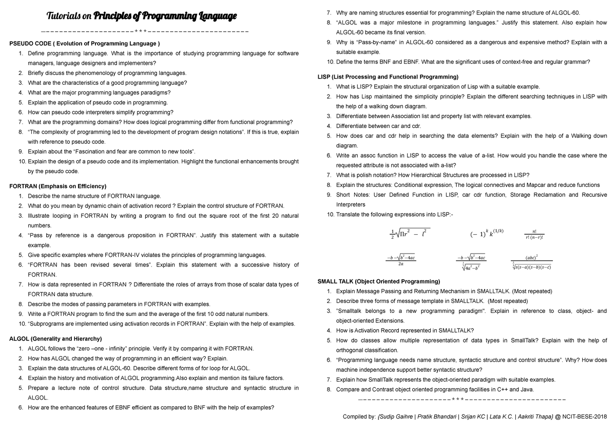PPL Tutorial 2022 - Full note o f principles of programming languages ...