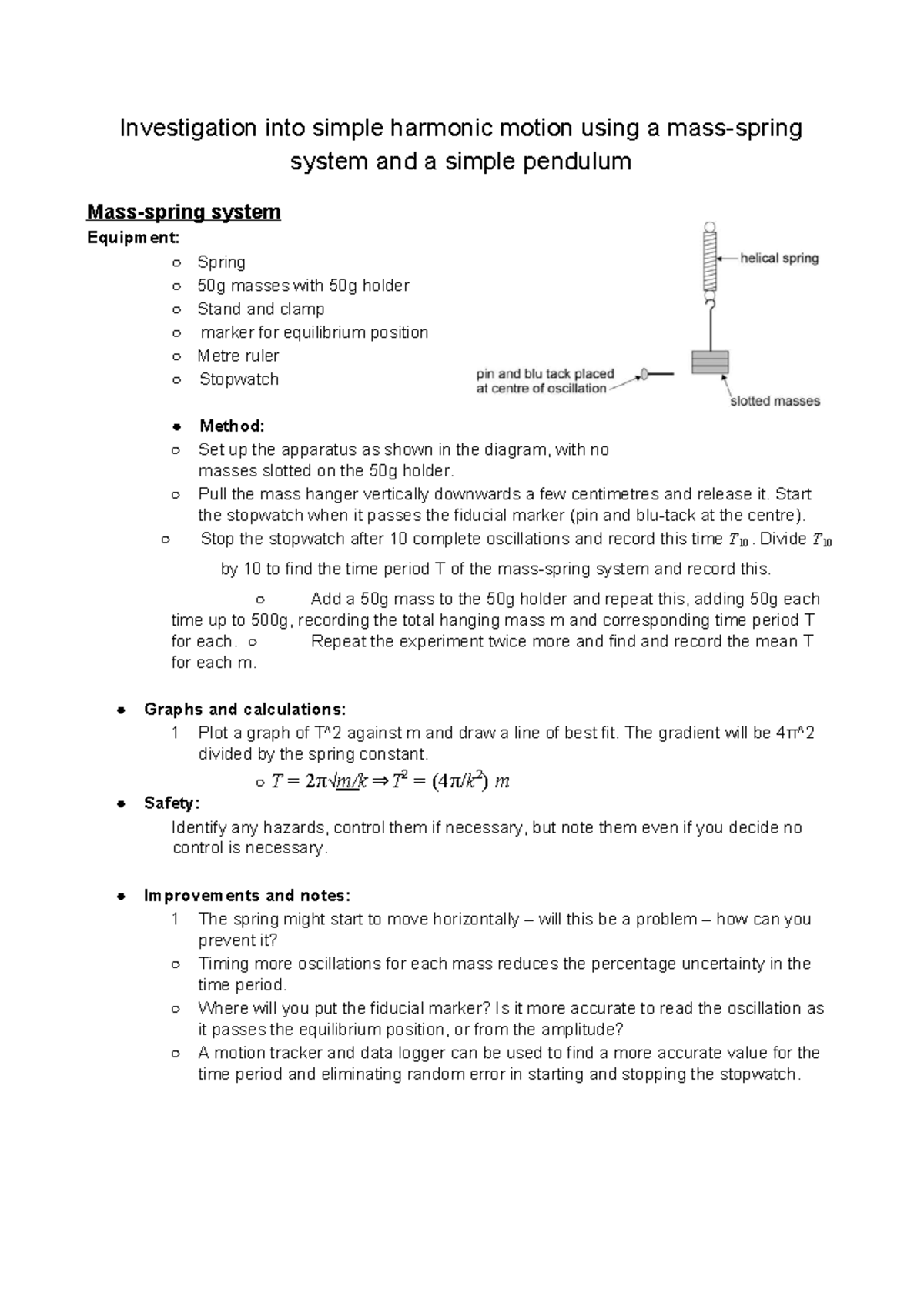 IB Simple Pendulum & Mass-Spring System Practical Method Sheet - Studocu