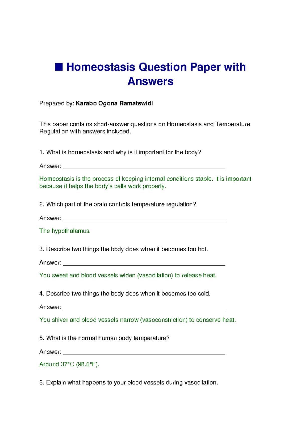 Homeostasis Q&A Paper: Temp Regulation Insights - Studocu
