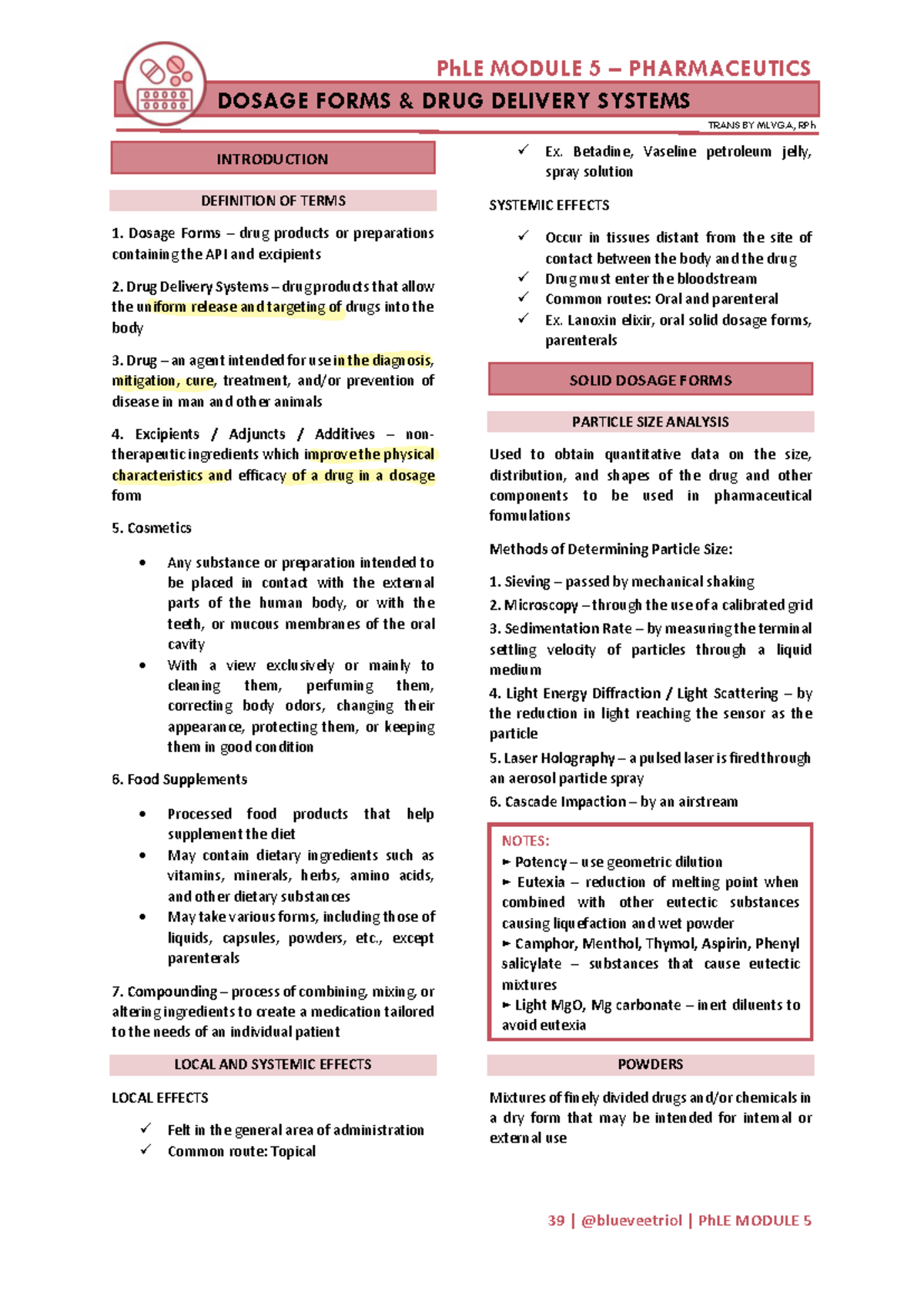 PhLE MODULE 5: Pharmaceutics Dosage Forms & Drug Delivery Systems Notes ...