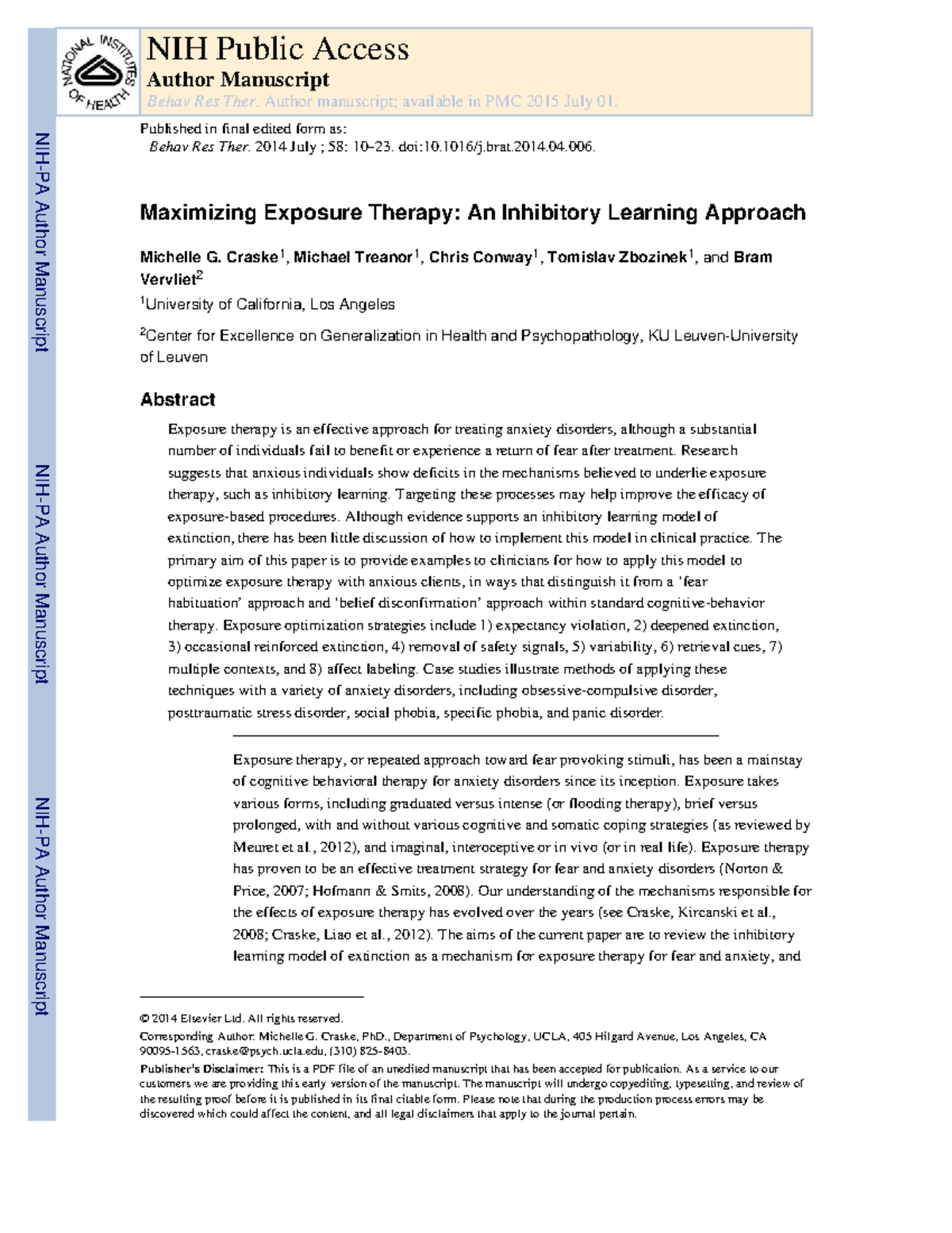 NIH 593756 - Maximizing Exposure Therapy: Inhibitory Learning ...