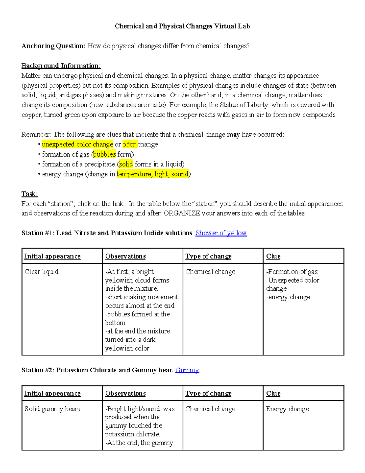 Chemical and Physical Changes Virtual Lab Report - CHEM101 - Studocu