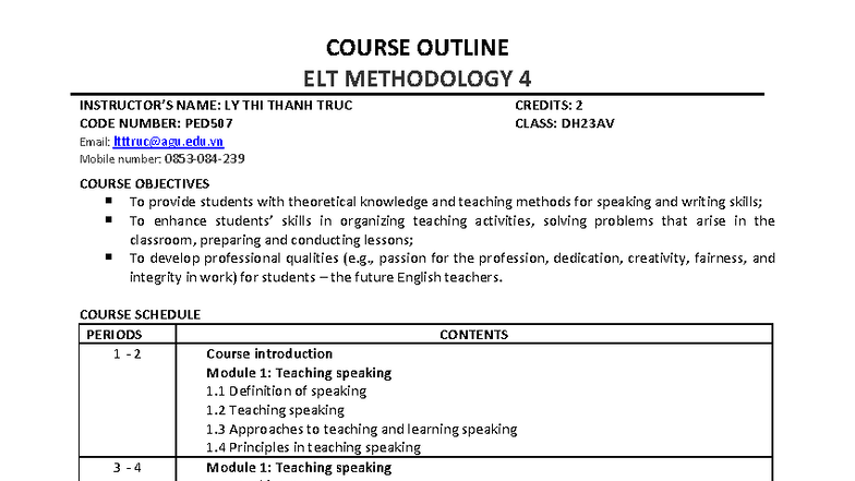 Course Outline: ELT Methodology 4 (PED507) - 2025 - Studocu