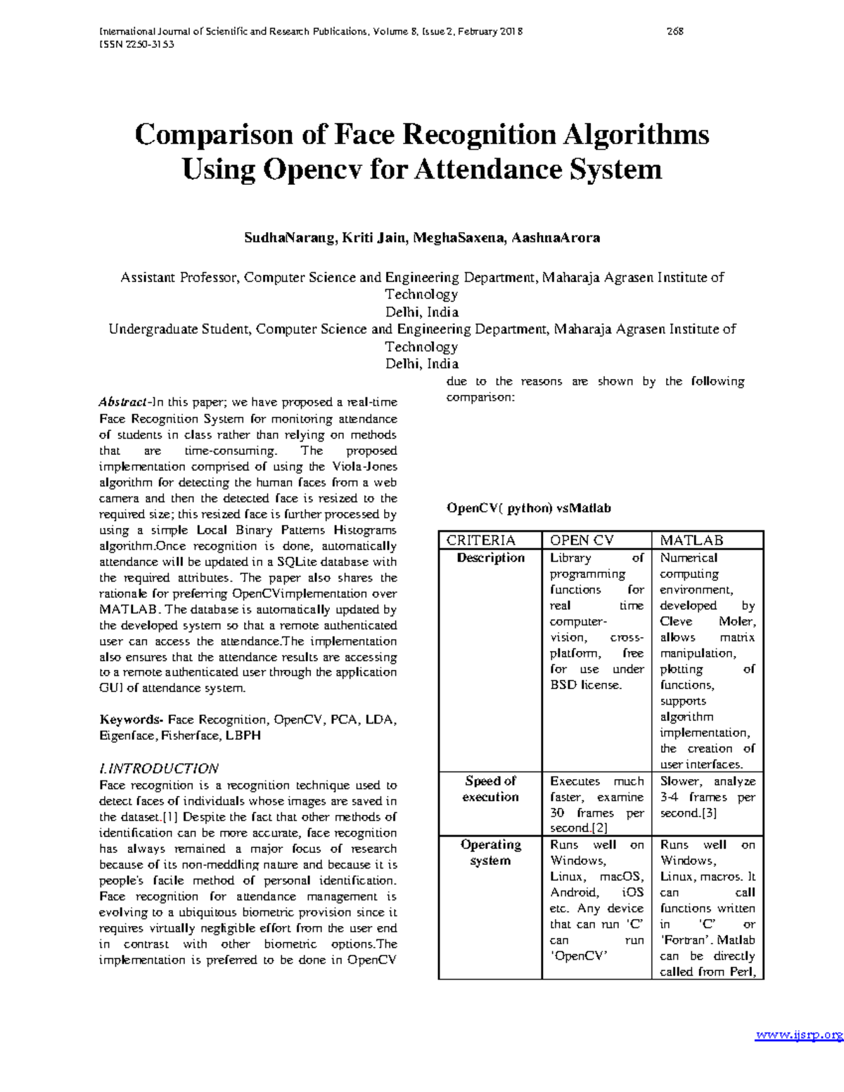 Comparative Study of Face Recognition Algorithms for Attendance System ...