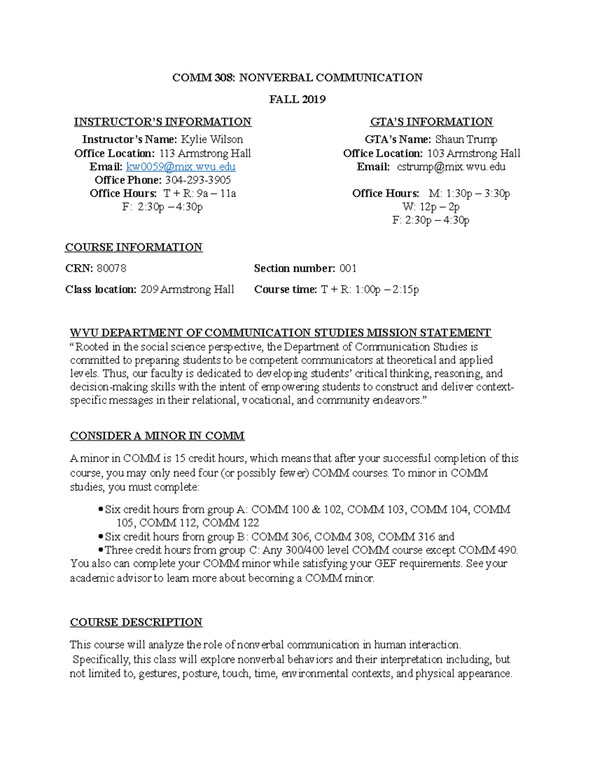 COMM 308 - Fall 2019 Nonverbal Communication Syllabus and Schedule ...