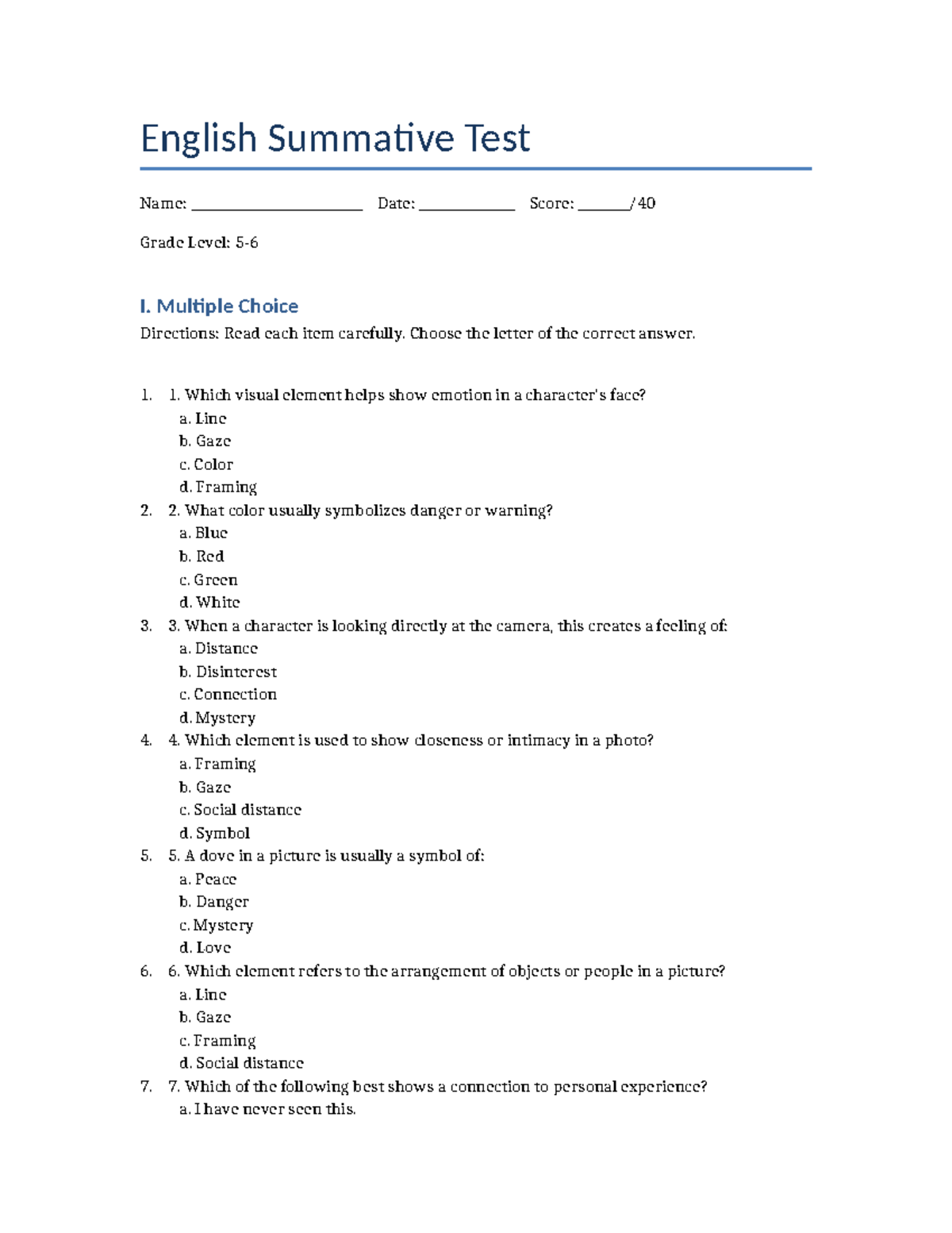 English Summative Test: Visual Media & Tenses - Studocu