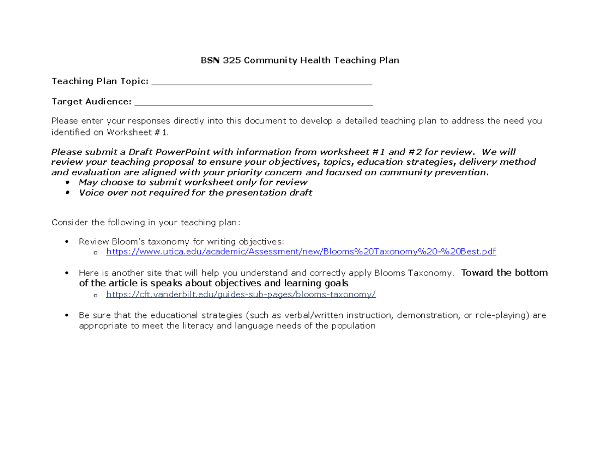 BSN 325 Spring 23 Community Health Teaching Plan Worksheet 2 - Studocu
