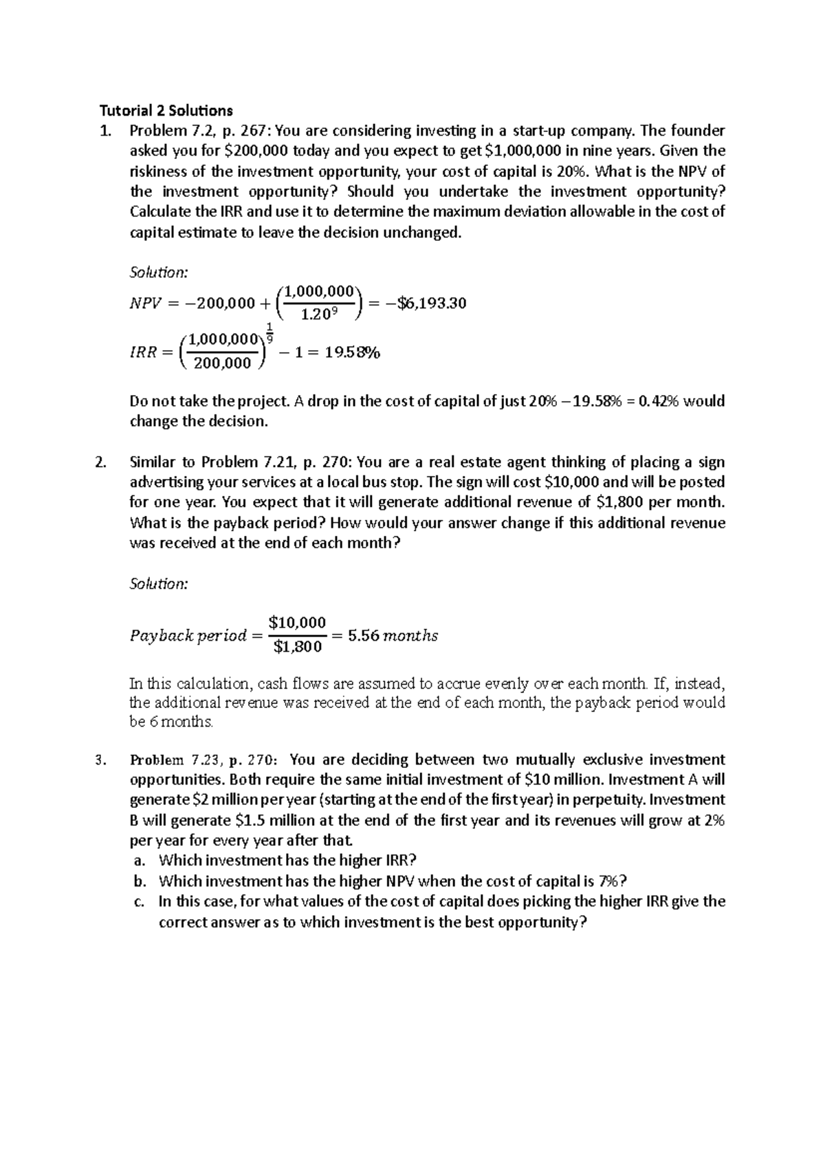 Tutorial 2 Solutions: NPV and IRR Analysis for Investment Decisions ...