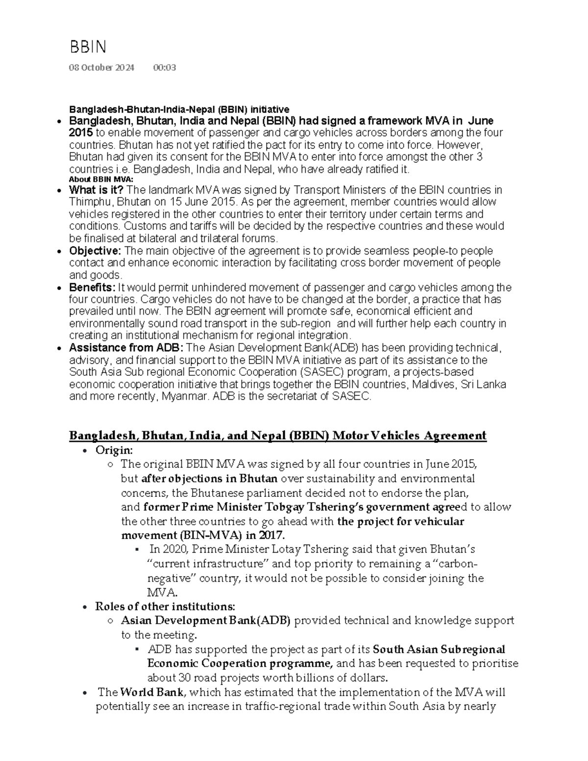 BBIN Motor Vehicles Agreement: Overview and Regional Implications - Studocu