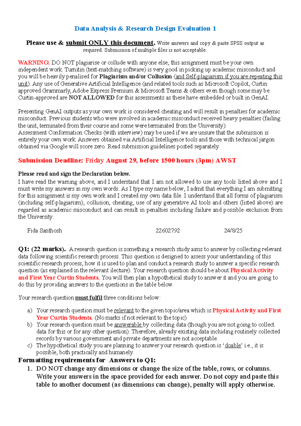 Data Analysis Research Design Evaluation 1 - S2 2025 Assignment - Studocu