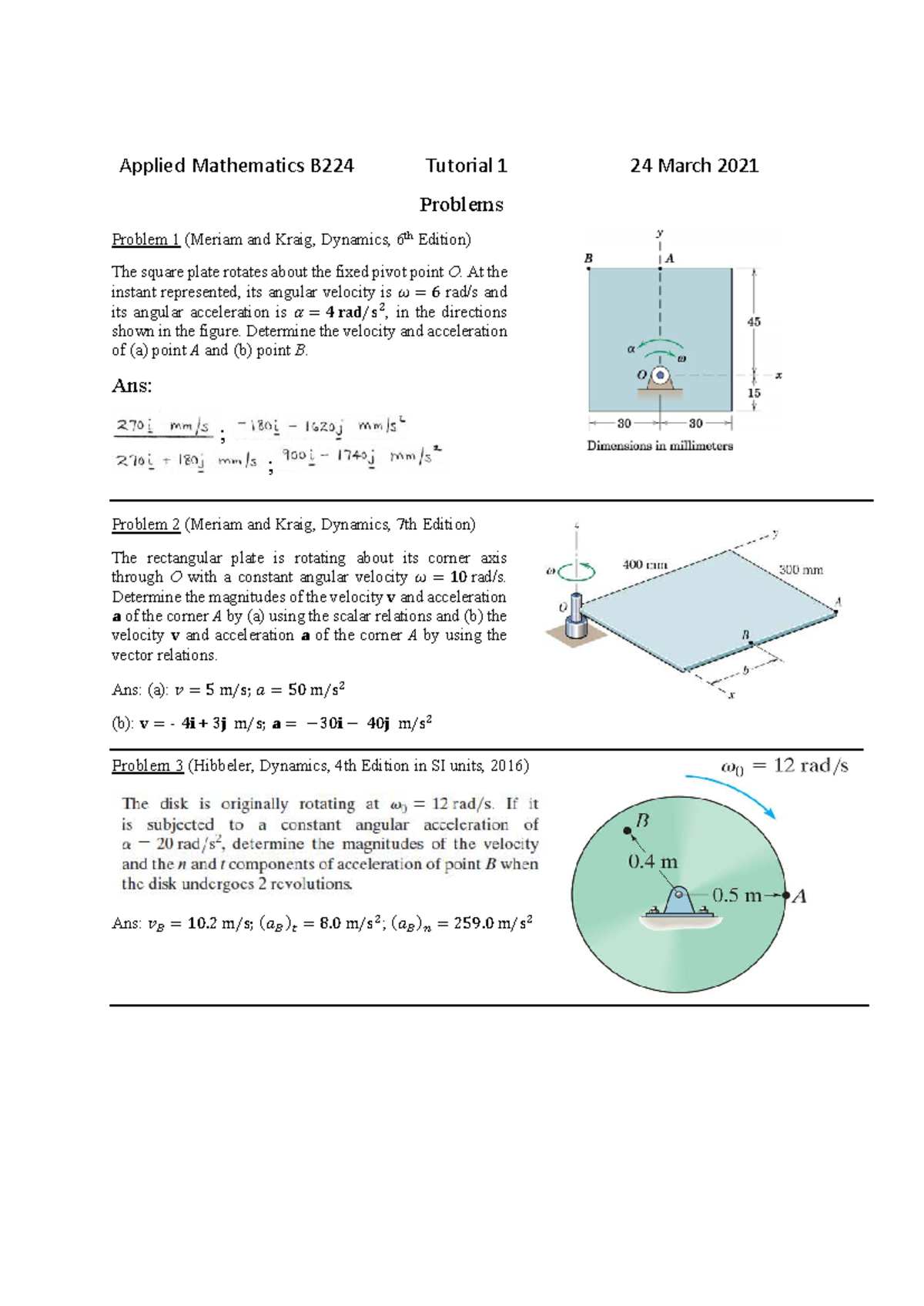 TWB224 Tutorial 1: Applied Mathematics Dynamics Problems - Studocu