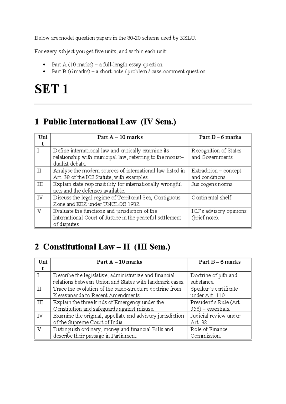 KSLU Model Question Papers for Law Subjects - Set 1 & 2 - Studocu