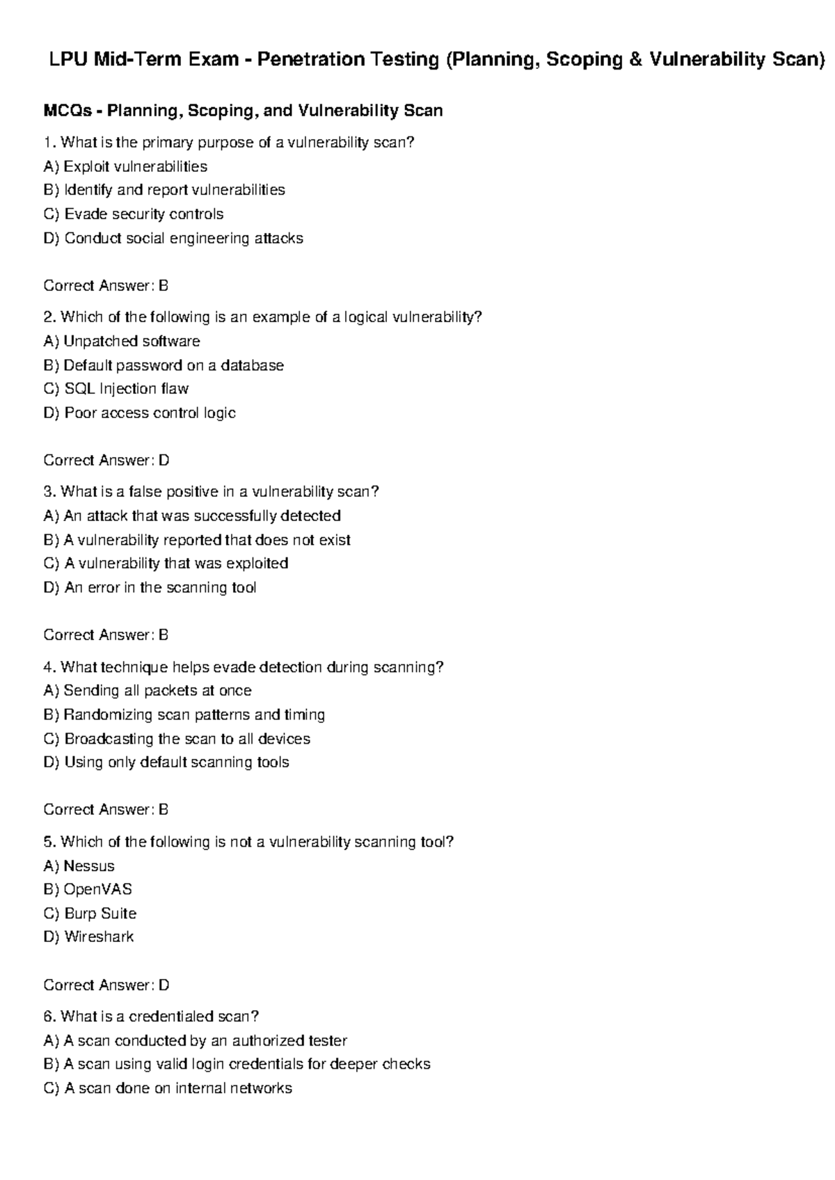 LPU Mid Term Penetration Testing MCQs - MCQs - Planning, Scoping, and ...
