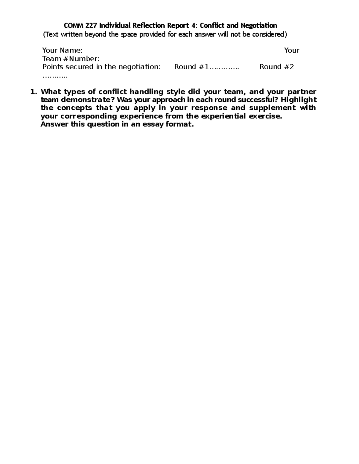 COMM 227 Individual Reflection Report 4: Conflict Handling Styles - Studocu