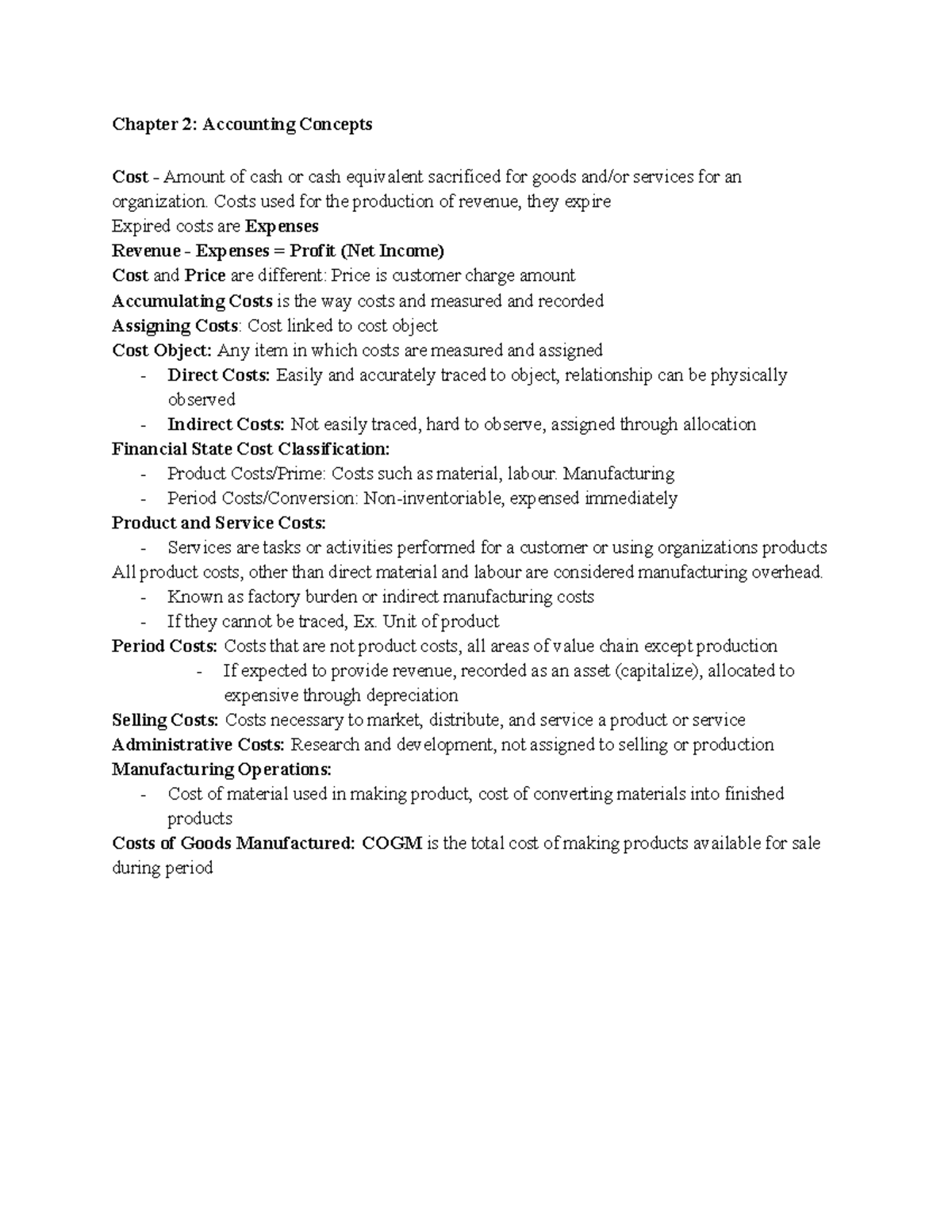 Chapter 2: Accounting concepts and cost classifications - Studocu
