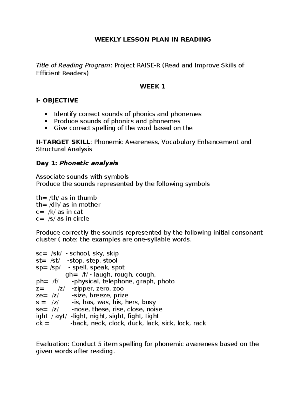 Reading Program RAISE-R: Weekly Lesson Plan for Week 1 - Studocu