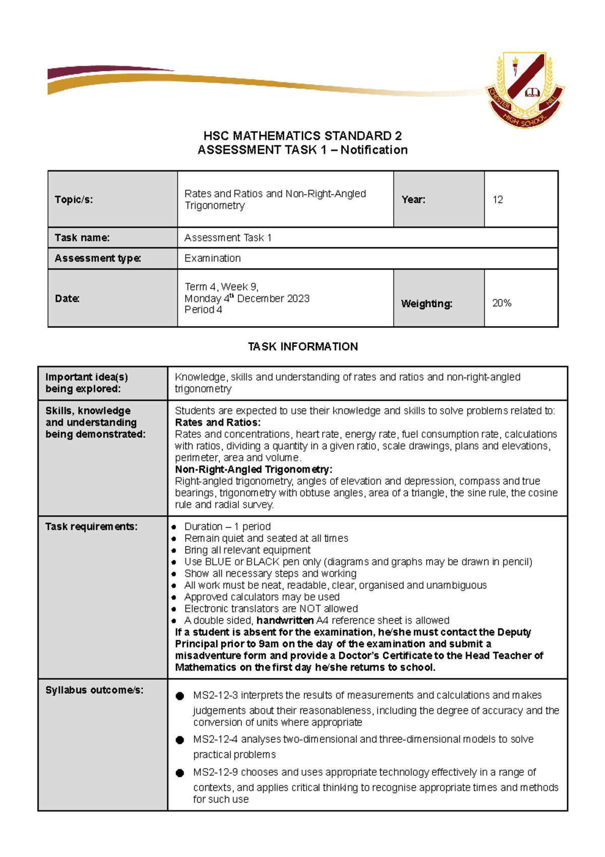 HSC MATH STD 2 Task 1 Notification: Rates & Non-Right-Angled Trig - Studocu