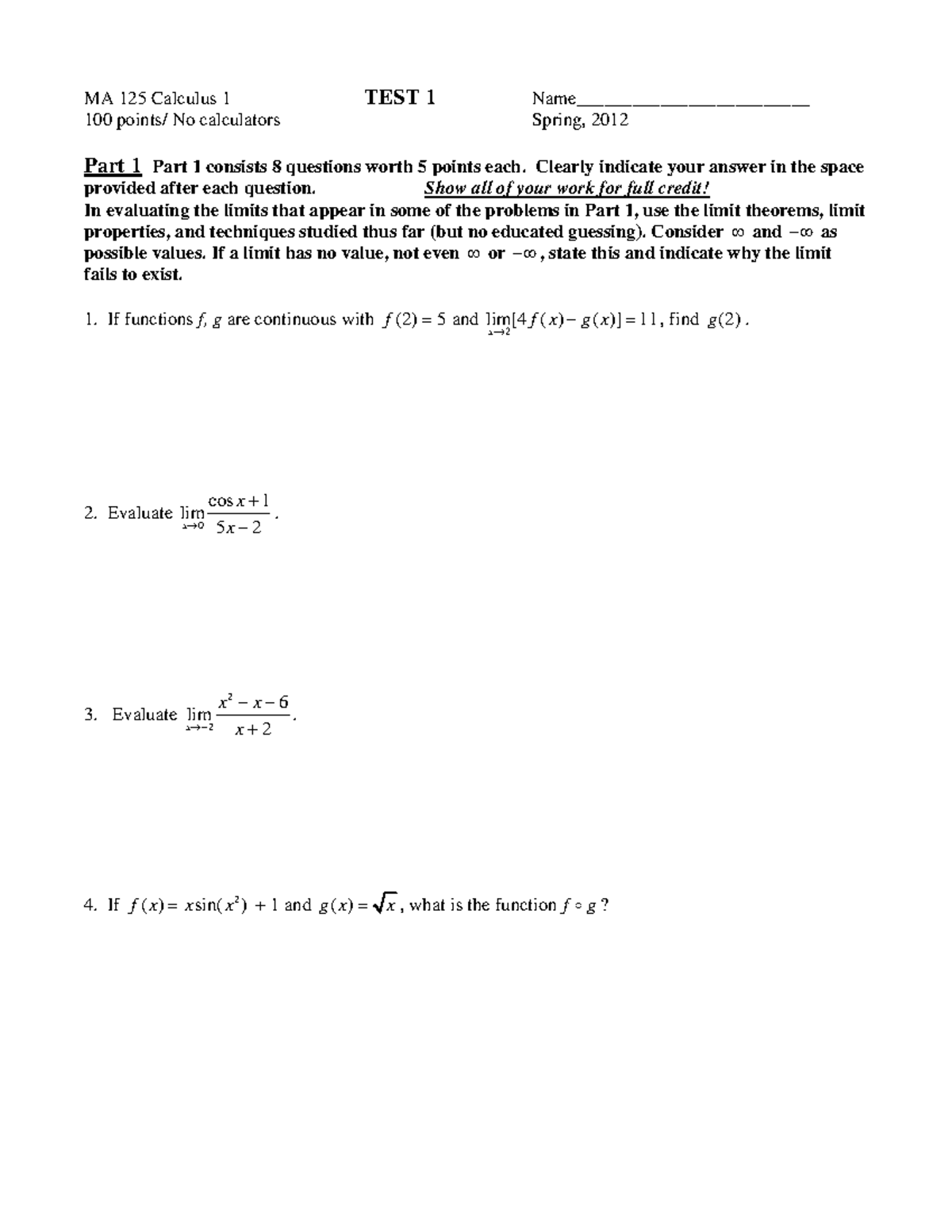 MA 125 Calculus 1 Practice Quiz - Test 1 Spring 2012 - Studocu