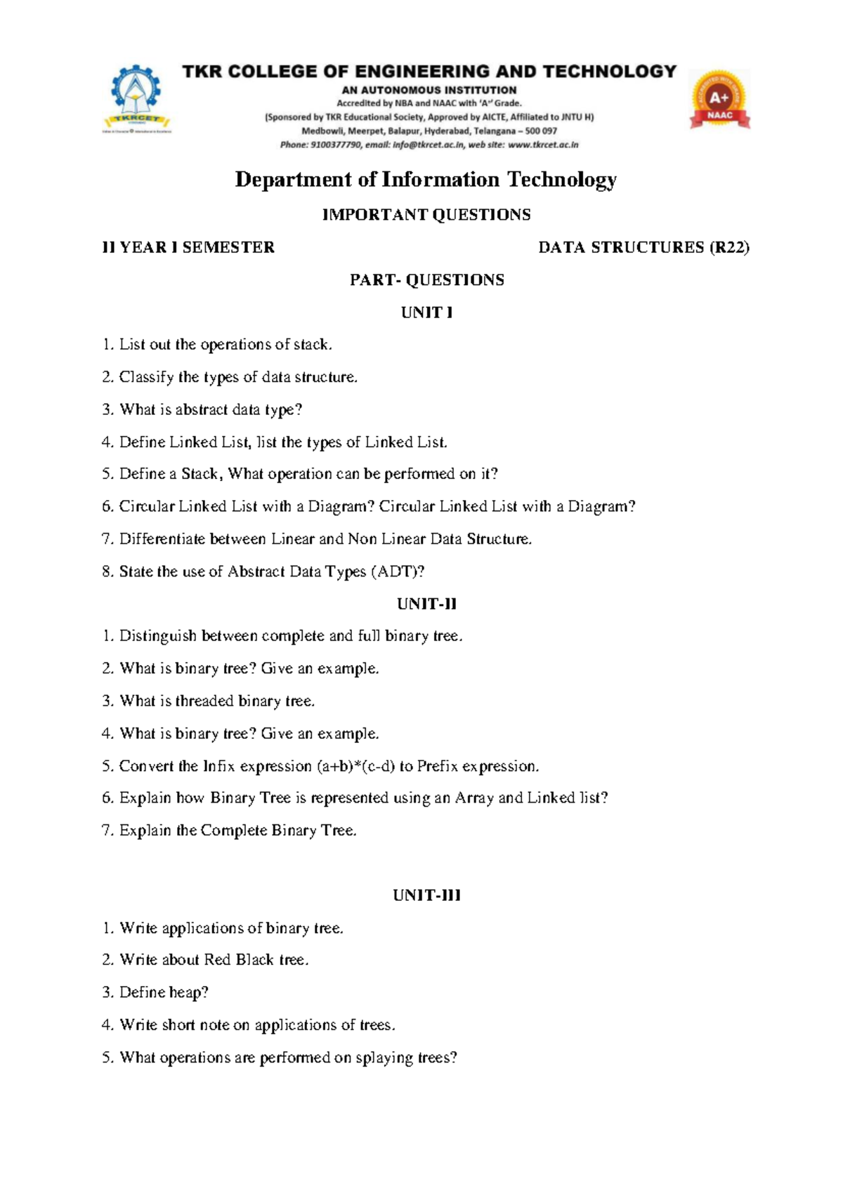 DS (R22) Unitwise Important Questions for II Year I Semester - Studocu