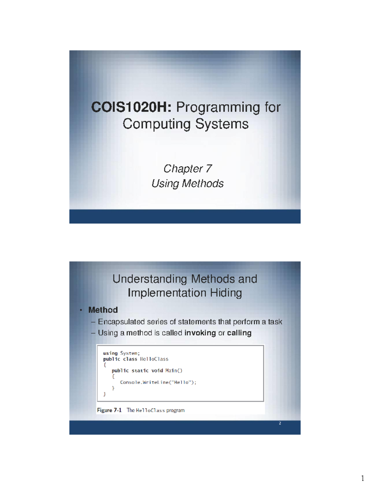 COIS1020H Chapter 7: Understanding and Writing Methods in C# - Studocu