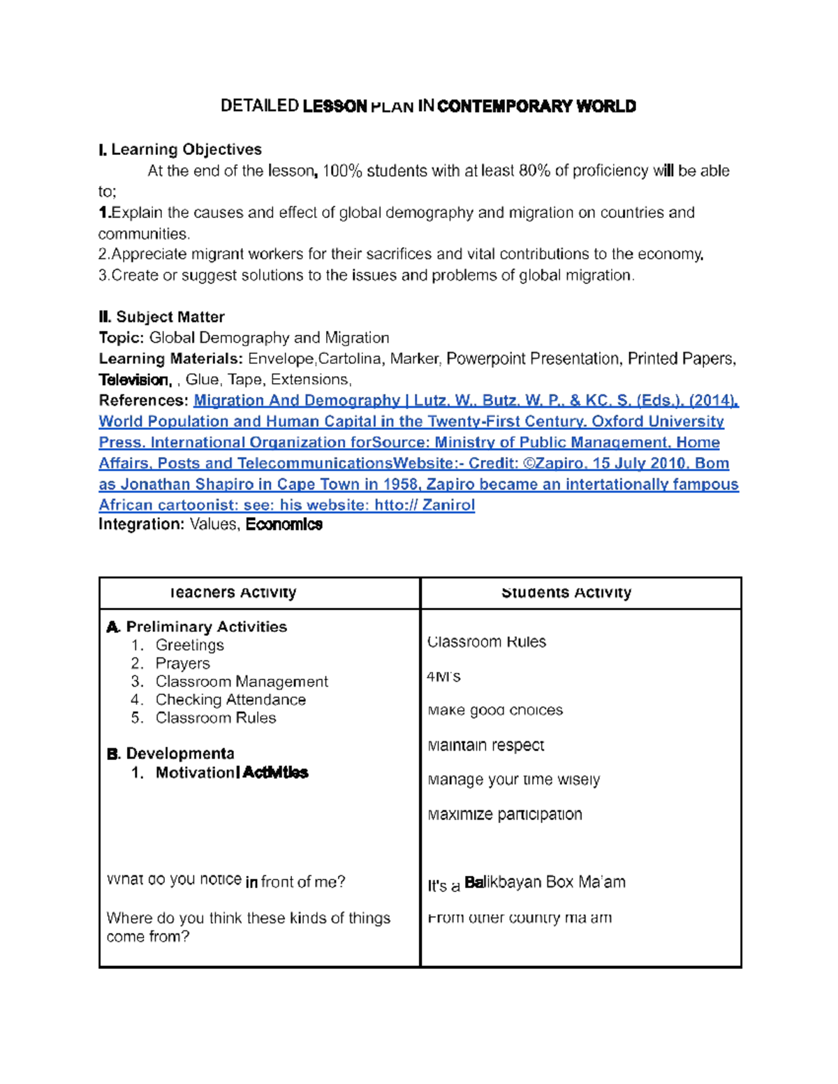 Lesson Plan F: Global Demography and Migration (BSED SS 3A) - Studocu