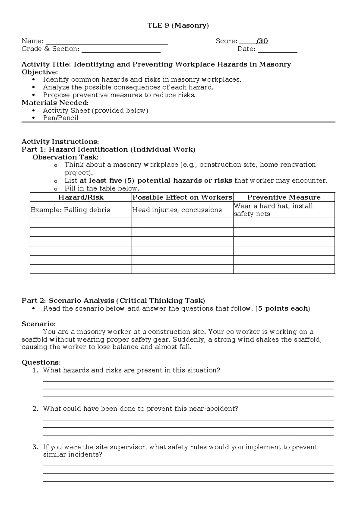 DLL 13 Problems Worksheet: Masonry & Construction Math Challenges - Studocu