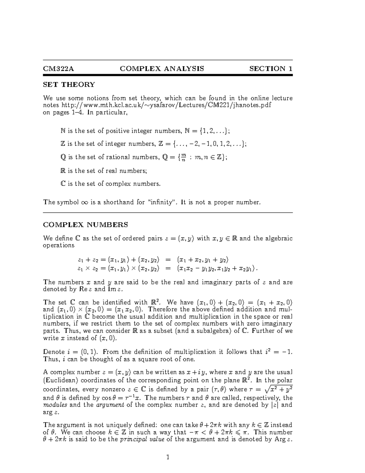 Lecture notes - all lectures - CM322A COMPLEX ANALYSIS SECTION 1 SET ...
