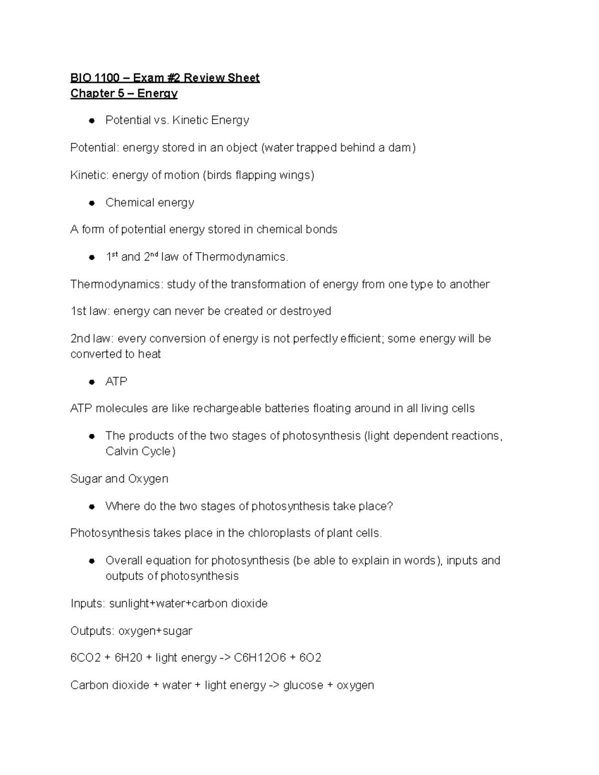 BIO 1100 – Exam #2 Review: Cellular Respiration & Biotechnology - Studocu
