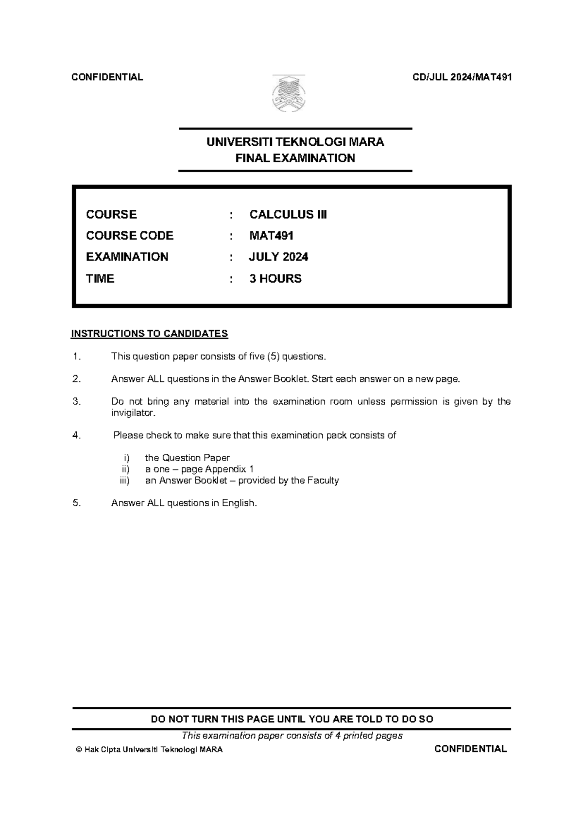 Final Exam MAT491 - Calculus Practice Questions for July 2024 - Studocu