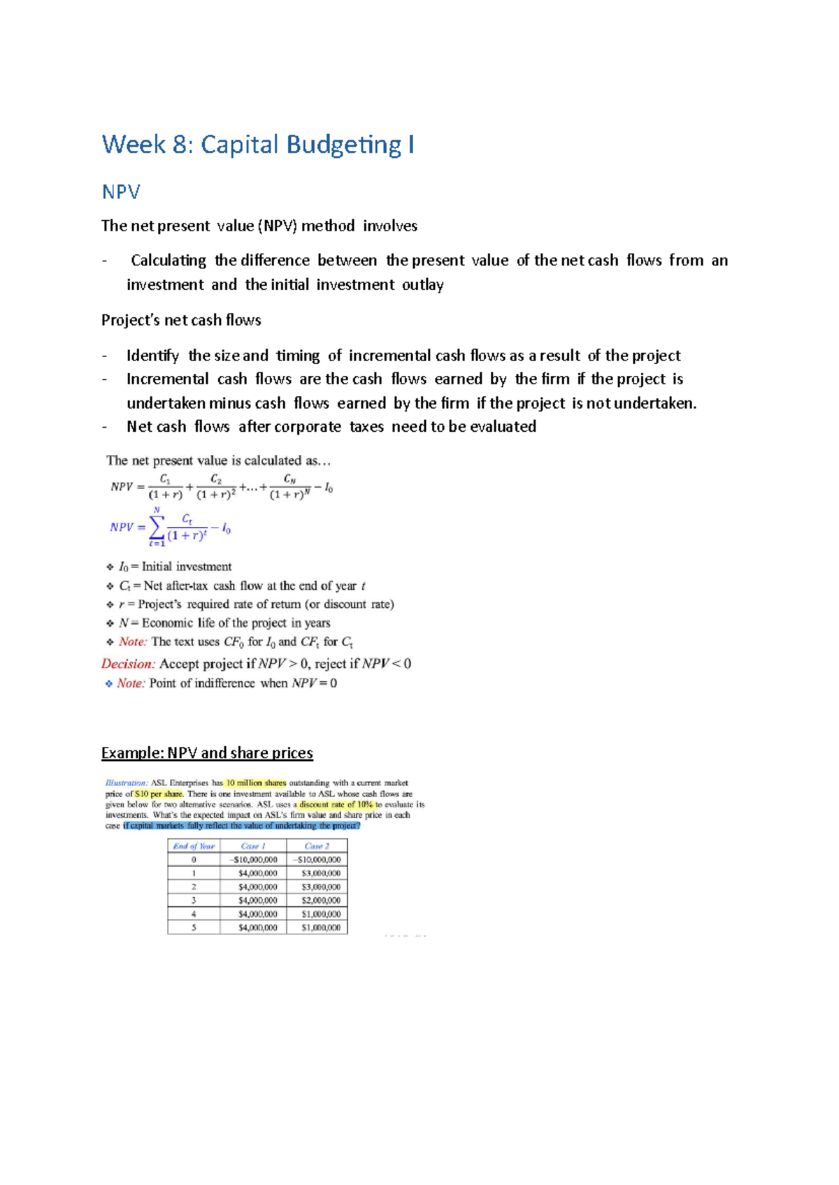 Week 8: Capital Budgeting I - NPV & IRR Analysis (FIN 301) - Studocu