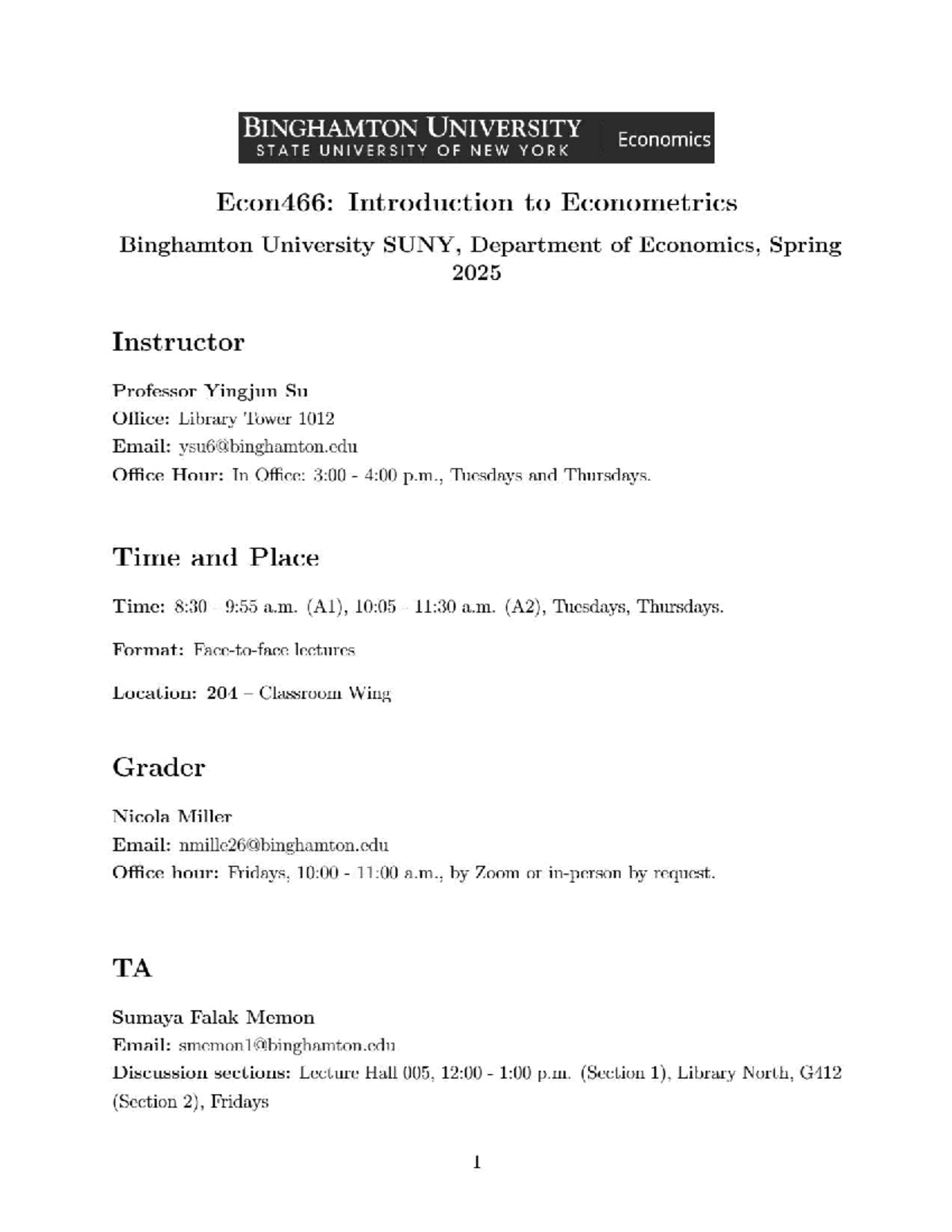 ECON 466: Syllabus for Introduction to Econometrics - Spring 2025 - Studocu